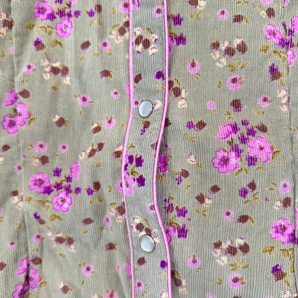 Angie Corduroy Pearl Snap Western Rodeo Retro Green Brown Floral Button Med - Picture 2 of 6